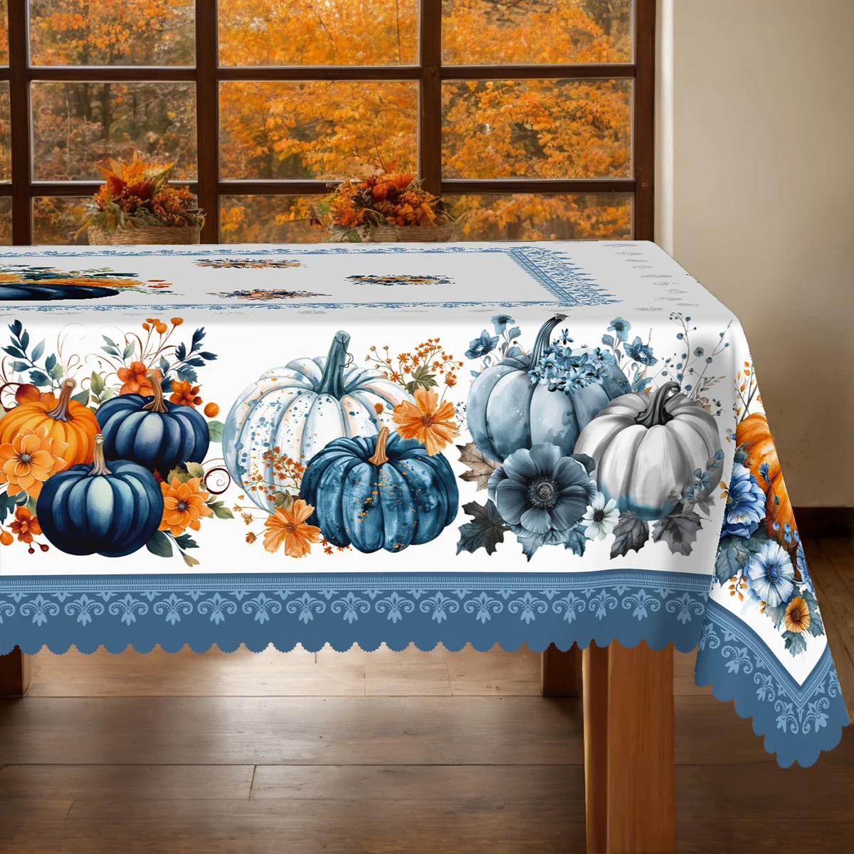 1 piece, autumn Thanksgiving-themed tablecloth, with autumn harvest blue pumpkin and maple leaf designzyc