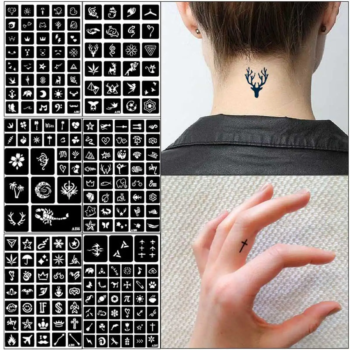 6-Sheets Hollow Henna Body Art Tattoo Stencils Stickers, Reusable DIY Temporary Tattoo Templates, Mixed Designs, Use for Glitter