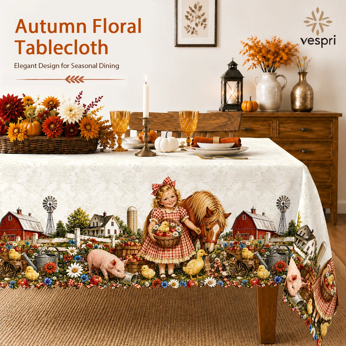 Autumn Tablecloth with Harvest Children and Farm Animals for Indoor/Outdoor Camping Decor, Rectangular/Round/Oval