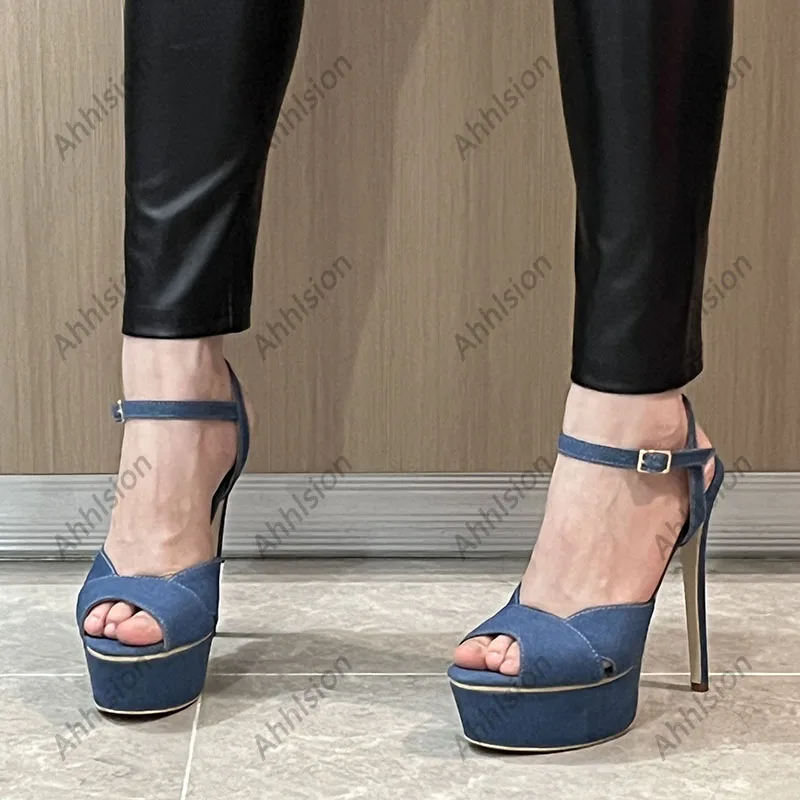 Ahhlsion Handmade Women Summer Sandals Sexy Stiletto Heels Peep Toe Beautful Blue Jeans Dress Shoes Ladies US Size 5-20