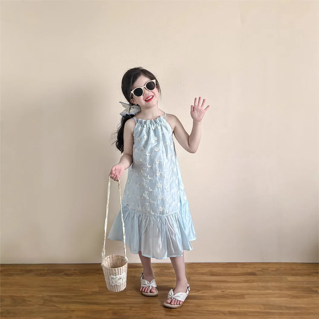 

Girls Skirts 2025 Summer New Childrens Wear Korean Style Baby Girl Holiday Halter Style Small Fresh Embroidery Slip Dress