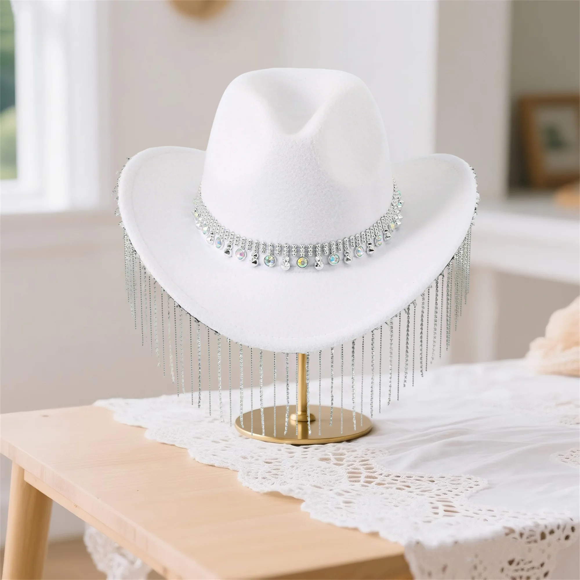 Stylish Women s Wide Brim Cowgirl Hat with Rhinestone Embellishments and Tassel Detail Elegant Wool Hat for Parties and Jazz
