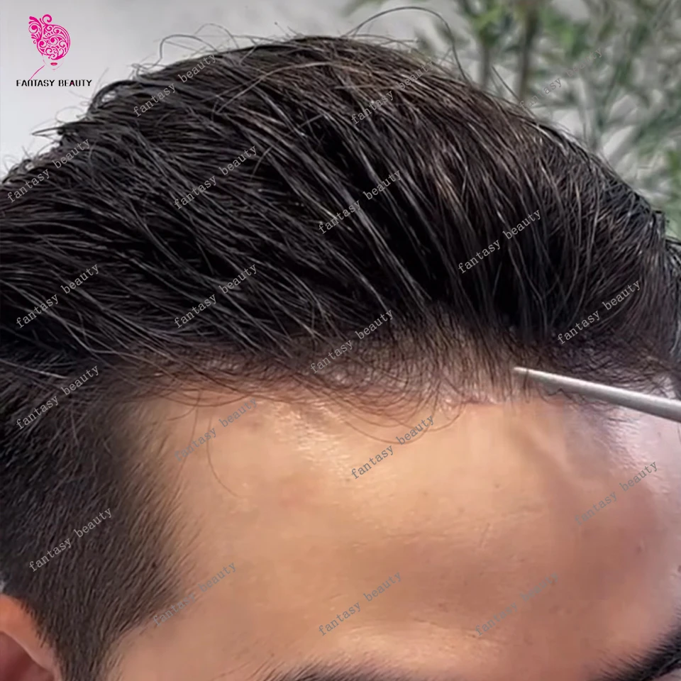 

100% European Human Hair V-looped Hairpiece for Men 0.02mm Ultra Thin Skin Hair System Full Knotless All Mens Toupee 80% Density