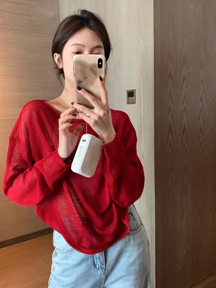 

Ladies Summer Casual Loose Fit Long Sleeve round Neck Knitted Top Thin Sun Protection Lightweight Comfortable Knitwear