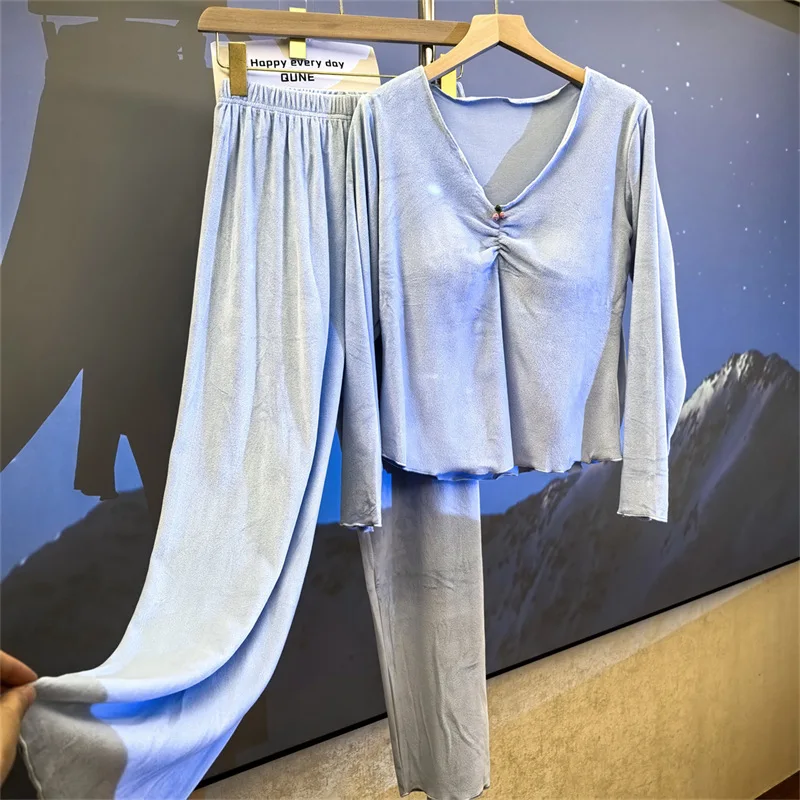 

Chest Pad Top Trouser Sets Woman Pajamas Fall Winter Sleepwear For Sleeping Suit Island Velvet Warm Nightwear Loungewear Women