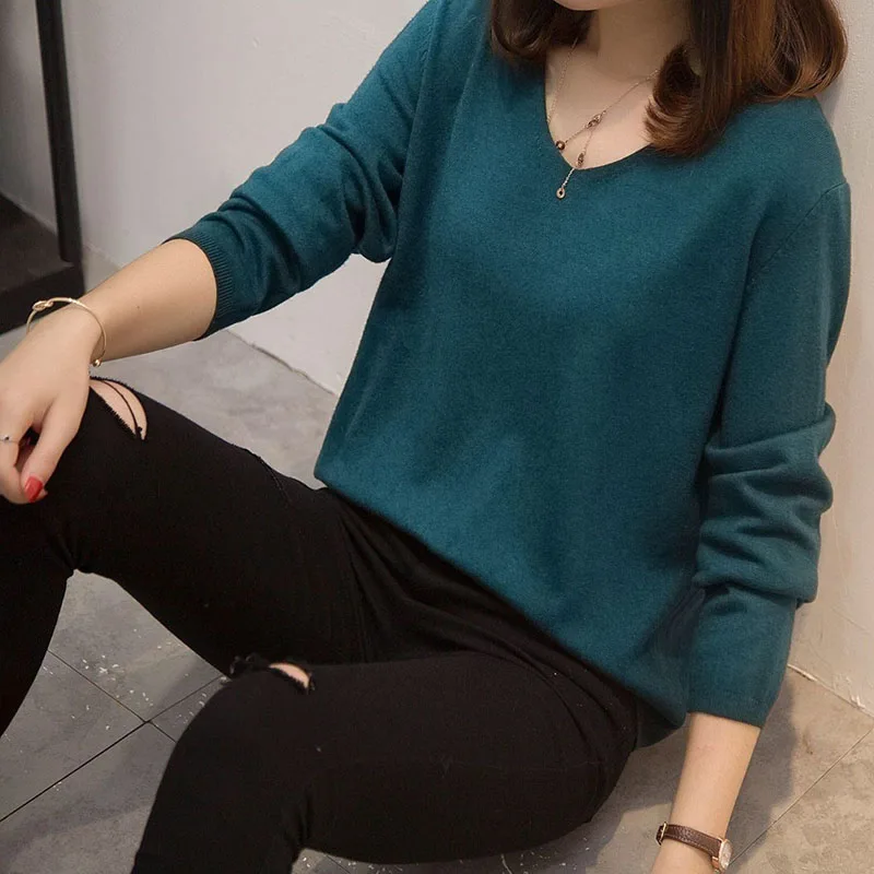 Suéter de punto con cuello en V para mujer, Jersey informal de gran tamaño, Tops coreanos de Color sólido que combinan con todo, moda de otoño, novedad de 2023