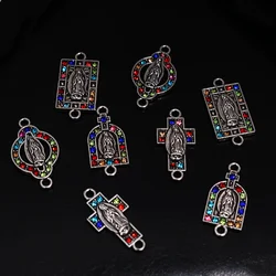 12pcs Silver Plated Handmade Colored Rhinestone Catholic Virgin MariaTag Cross Church Connectors DIY Charm Jewelry Crafts Making