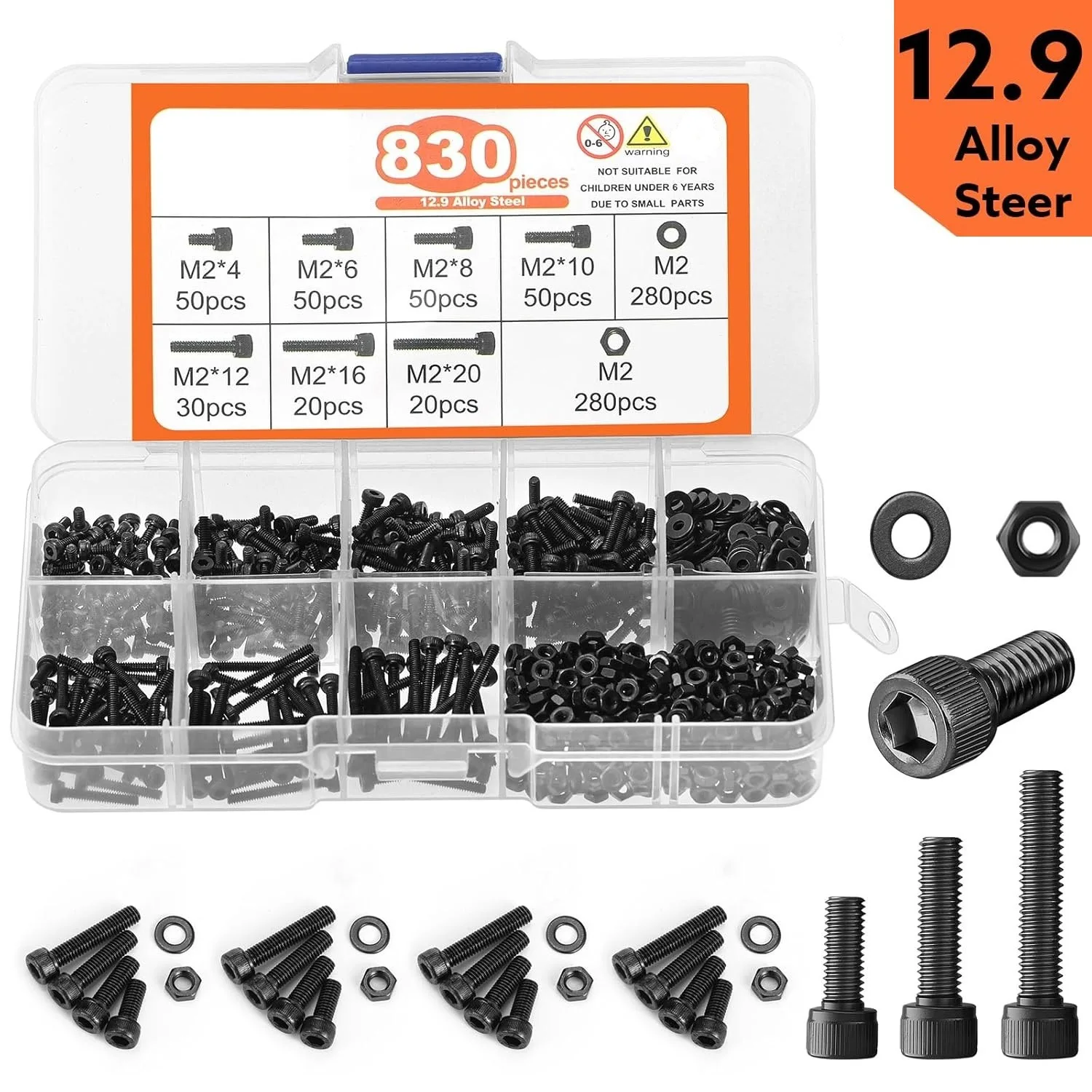 830Pcs M2 Cross Border 2.9 Alloy Steel Black Zinc Plated Hex Socket Head Screw Nut Bolt and Washer Set