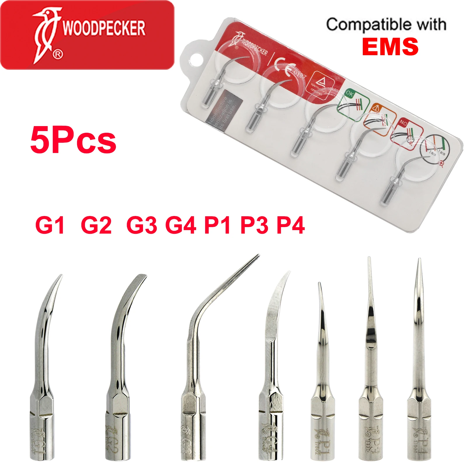 Woodpecker Dental Ultrasonic Scaler Tips 5Pcs G1 G2 G3 G4 P1 P3 P4 Fit EMS UDS Scaler Handpiece Dentistry Tools