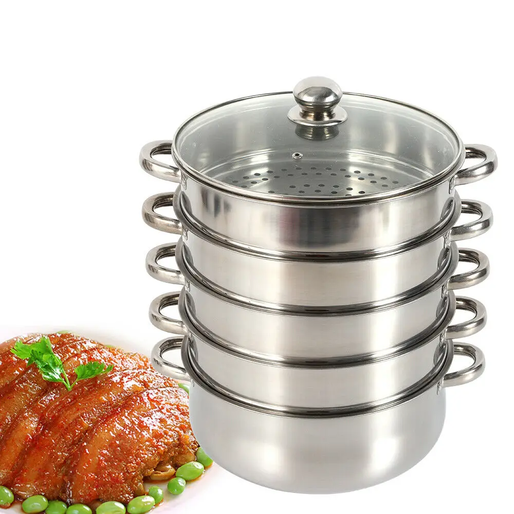 5 Layers  Steamer Cooker Pot Pan Set With Glass Lid 26/28/30 cm Stainless Steel Cooking/Milk Pot Steamer Pot Stew/Soup Pot