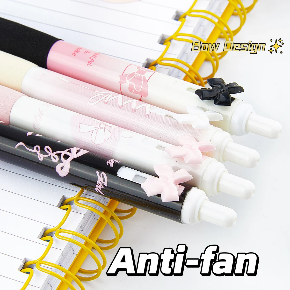 A set of 4 pink bow-tie click-button gel pens, featuring 0.5mm black ink that dries quickly and smoothly. Suitable for student e