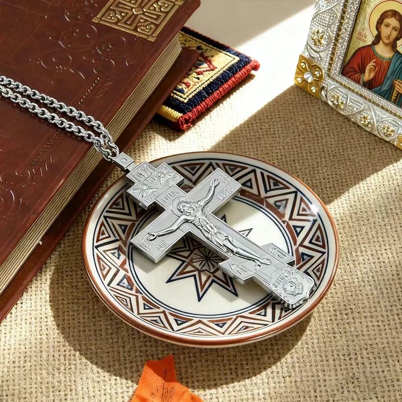 Gold-Plated Orthodox Three-Bar Cross Necklace Engraved Crucifix Icon Traditional Christian Devotional Jewelry for Men & Women