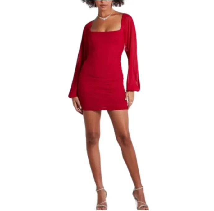 

Mini Prom Elegant Haute Couture Gown Classic Back-To-School Solid Color Dress Square Neckline Cinch Long Sleeve Strap Bandeau