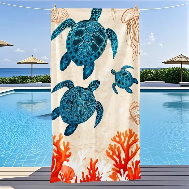 Sea Turtle Coral Jellyfish Ocean Beach Towel Quick Dry Sand Resistant Towel Nautical Marine Print Vacation Towel