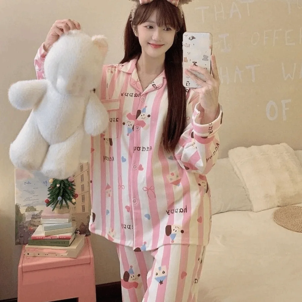 

Ins пижамный комплект в полоску с откидным воротником, пижама с длинными рукавами и собакой, пингвин, свободный повседневный милый пижамный костюм для девочек