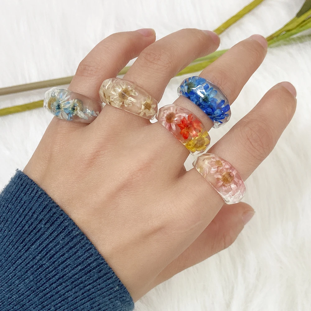 2022 Colorful Transparent Resin Rings Creative Dried Flower Acrylic Ring Fashion Geometric Charm Handmade Ring Jewelry