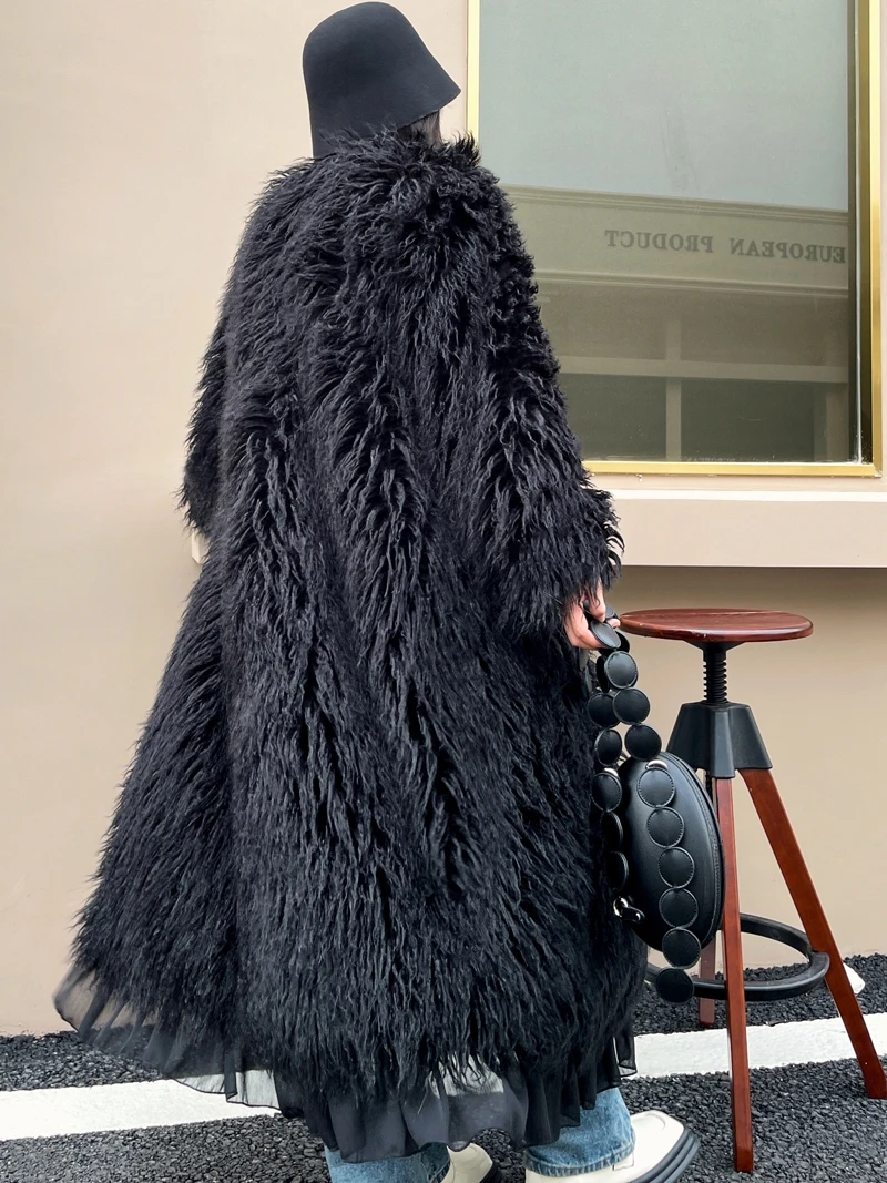 Female Fashion Black Faux Fur Coat Peplum Hem Long Jacket Lady Shaggy Outerwear Women's Winter Clothing Promotion