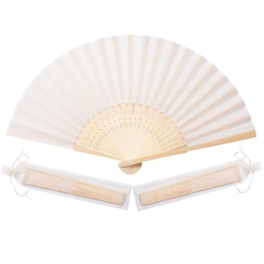 

50pcs Cream-Coloured Imitated Silk Fabric Bamboo Folded Hand Fan Bridal Dancing Props Church Wedding Party Favors with Organza
