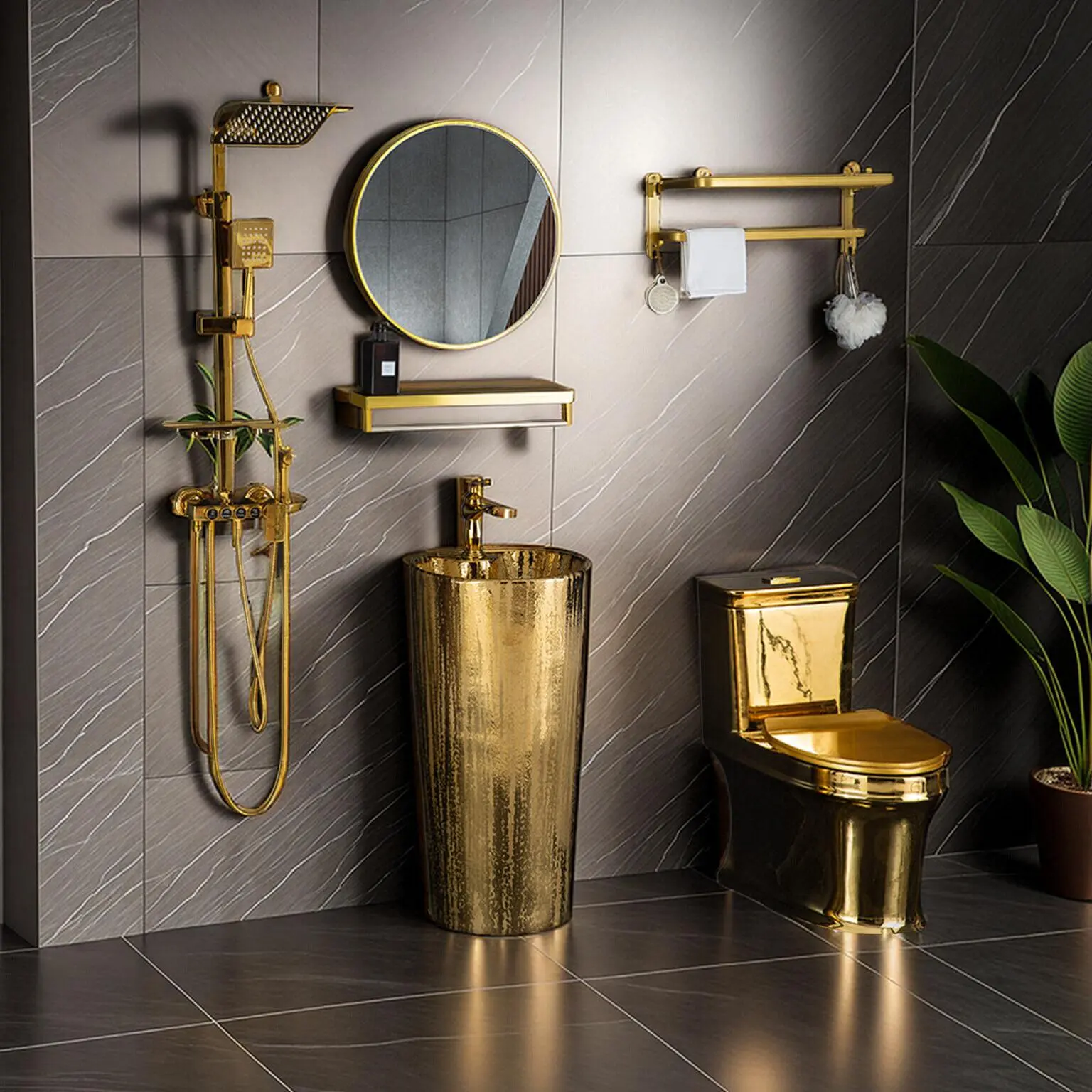 

DSA gold column basin integrated floor type cylindrical wash basin hotel restaurant wash basin gold-plated column wash