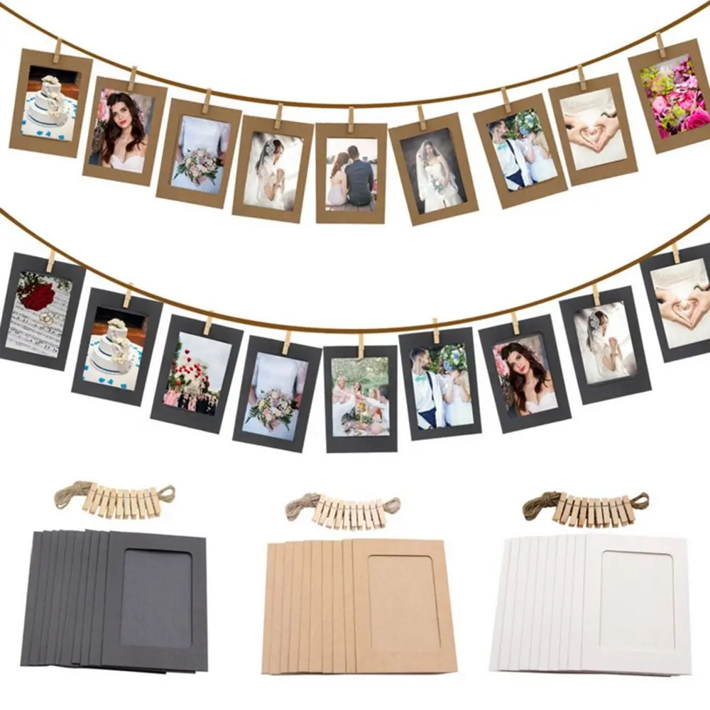 10pcs Combination Paper Frame With Clips DIY Kraft Paper Picture Frames Hanging Wall Photos Album Home Decoration Craft