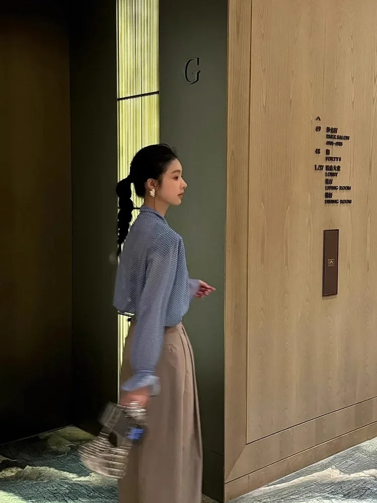 Ribbon V-Neck Blue Polka Dot Shirt For Women'S 2025 Spring/Summer French Style Unique Temperament Top