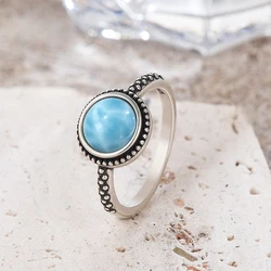 S925 Sterling Silver Ring Vintage 8MM Round Larimar Stone Ladies Party Anniversary Jewelry Gift