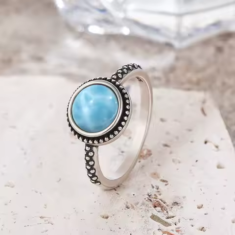 S925 Sterling Silver Ring Vintage 8MM Round Larimar Stone Ladies Party Anniversary Jewelry Gift