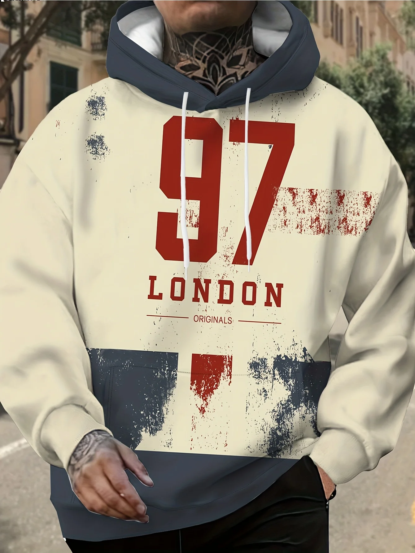 Men Women Vintage London 97 Hoodie Distressed Number Print Casual Pullover Hooded Sweatshirt Hip Hop Sport Streetwear Tops