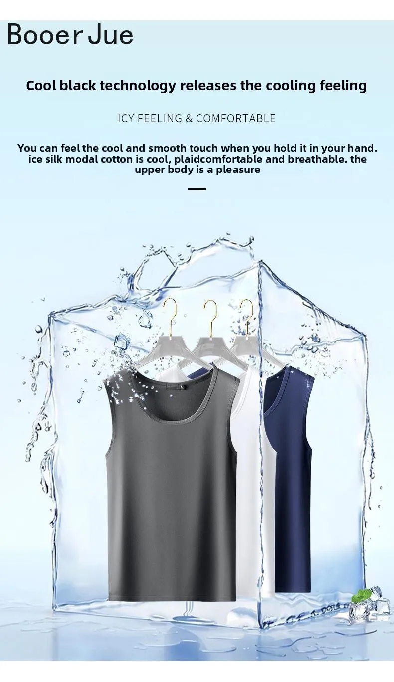 Men's Ice Silk Feeling Sports Vest Underwear Summer Thin Cooling Round Neck Pure Color Base Layer Top Running Gym Tank Top Men