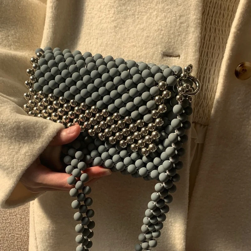 

2023 Frosting Pure Color Beaded Woven Large Capacity Casual Flap Pockets Autumn Vintage Handwoven Underarm Bags for Women