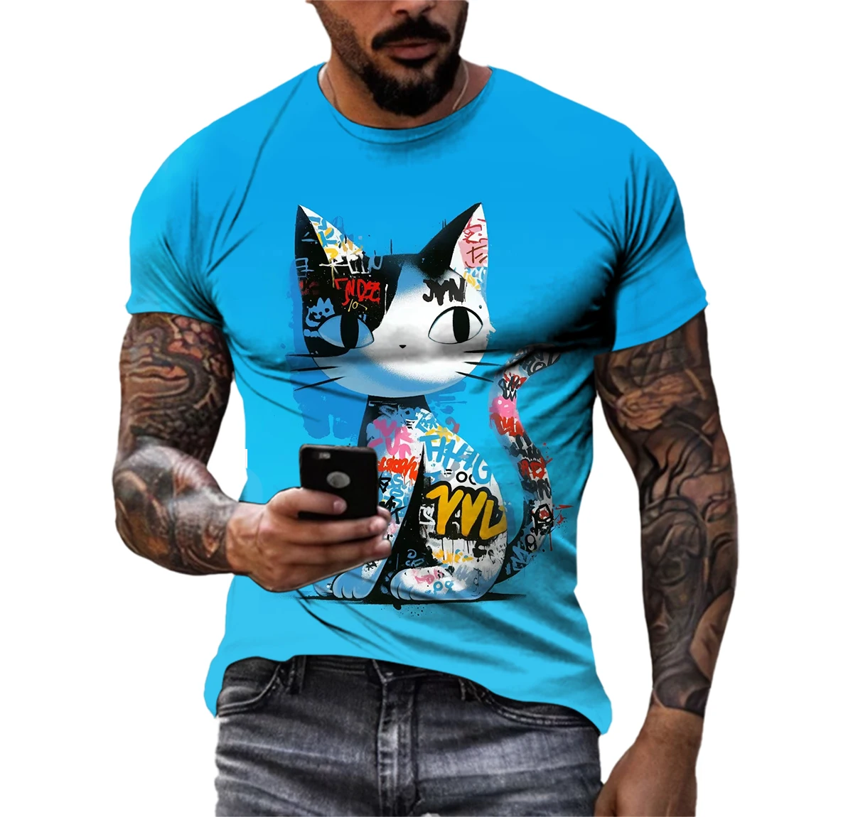 Summer Fashion Graffiti Cartoon Cat Graphic T-shirt For Unisex New Trend Men Casual 3D Printed Round Neck Short Sleeve Tees Tops