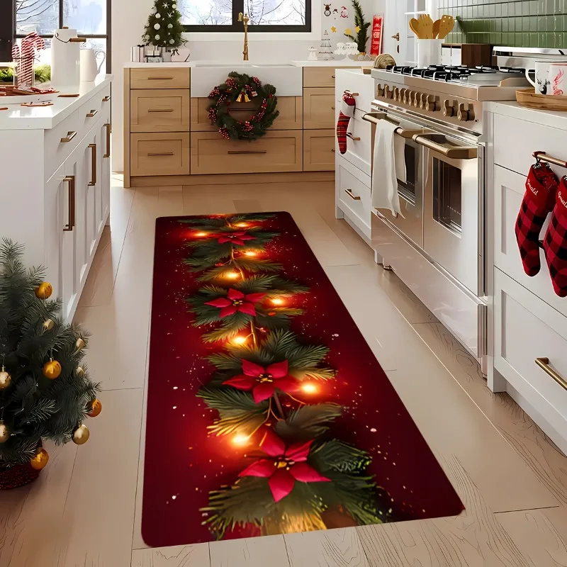 Decorative Christmas Long Runner Rug Cute Three Kitten Santa Hat Gift Box Pine Branch Print Carpet Indoor Floor Rug for Decor