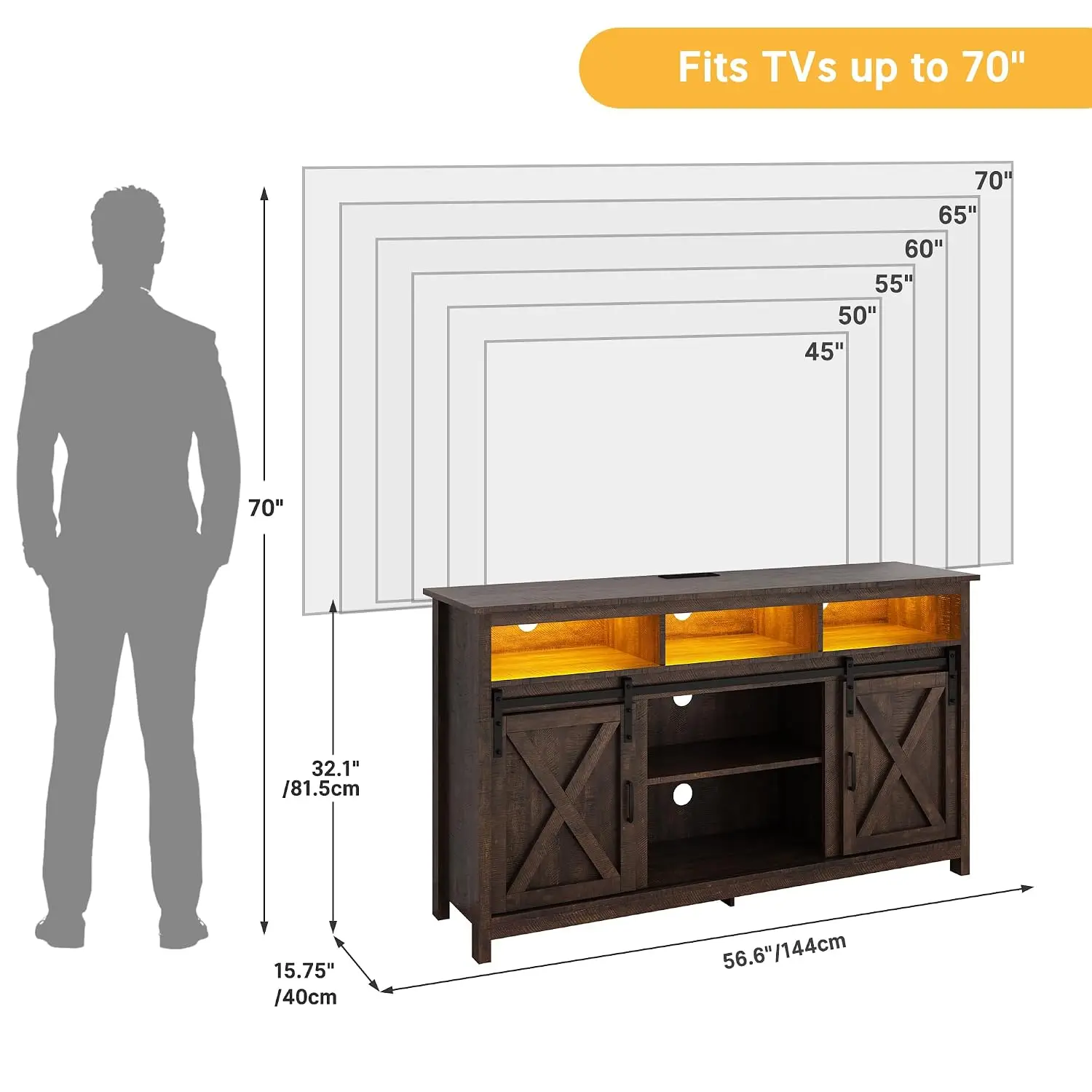 Wooden Farmhouse TV Stand for 60/65 inch TV, Double Layer Storage with Sliding Barn Door & Sockets, Rustic Brown, Customized