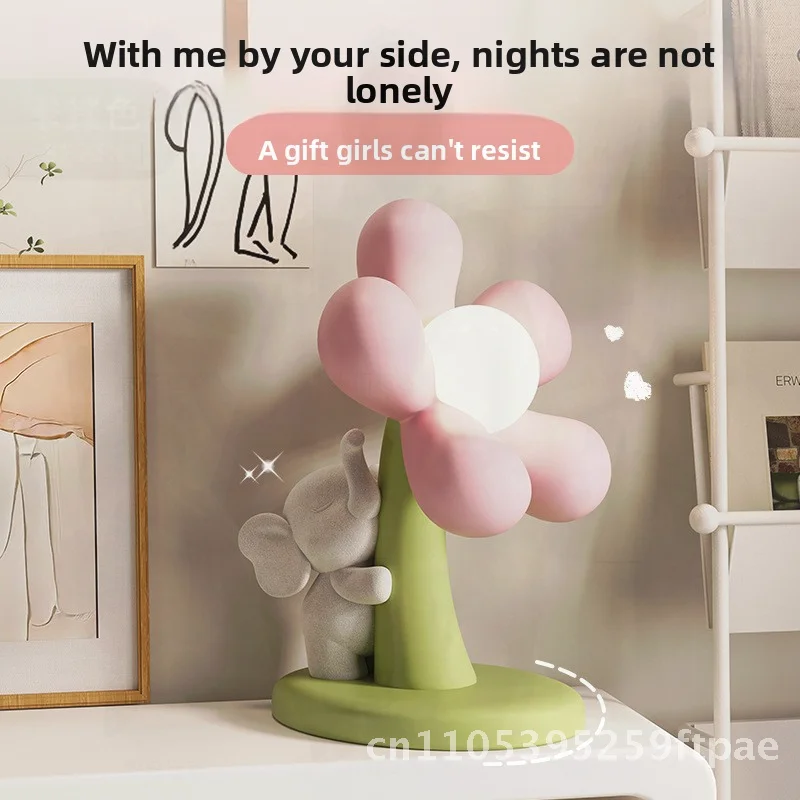 Cute Flocking Elephant Table Lamp USB Charging Warm Light Desktop Decoration Ideal for Bedroom Children's Room Moving House Gift