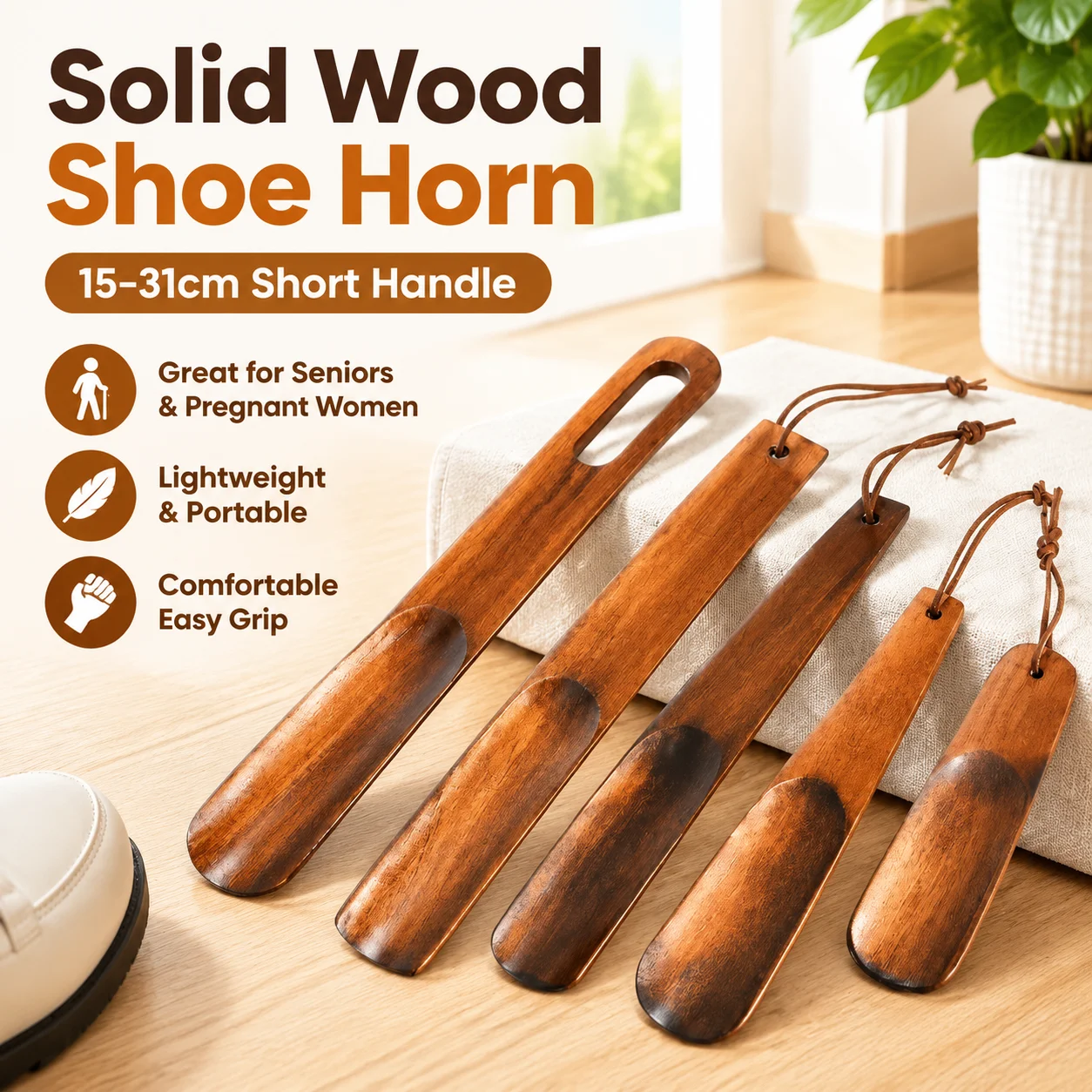 Solid Wood Shoehorn with Short Handle for Pregnant Women and Elderly, Lightweight Portable Grip for Home Hotel Use 15-31cm