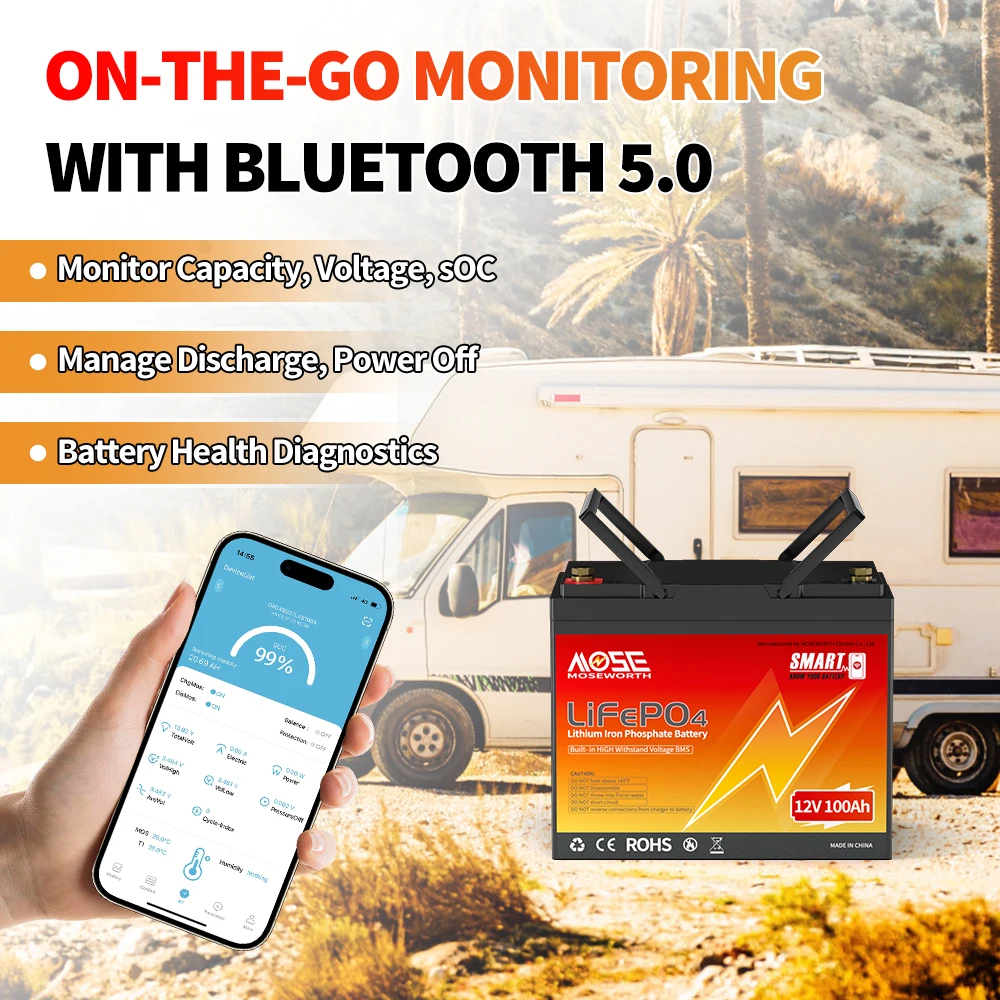 MOSEWORTH LiFePO4 12V 100Ah แบตเตอรี่ 12.8V แบตเตอรี่ลิเธียม 8000 + รอบพร้อมบลูทูธ BMS เกรด A สำหรับเรือ RV แคมป์เปอร์
