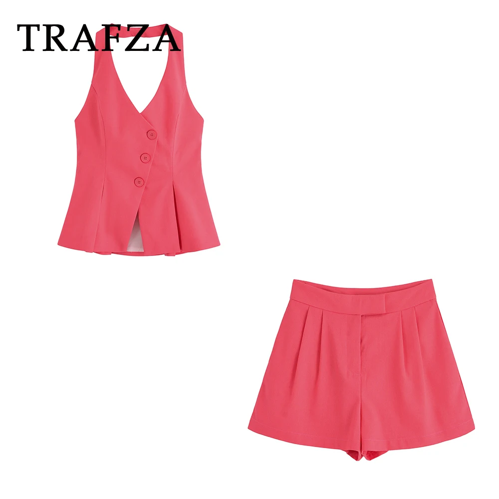 

TRAFZA Chic Pink Y2K Woman Suit Asymmetric Backless Button Halter Vests+Casual Mini Shorts Fashion 2025 Streetwear Mujer Sets