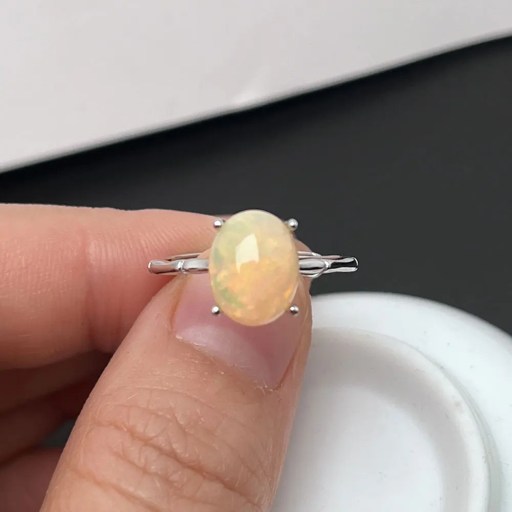 Simple Design 925 Silver Opal Ring 8mm*10mm Yellow Color Natural Opal Silver Ring with 18K Gold Plating