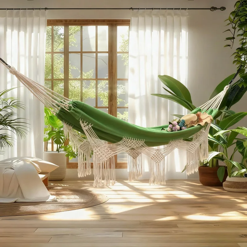 200X130cm Tassel Thickened Canvas Hammock Widened Style Outdoor Camping Balcony Home Courtyard Leisure Swing Bed Daily Indoor