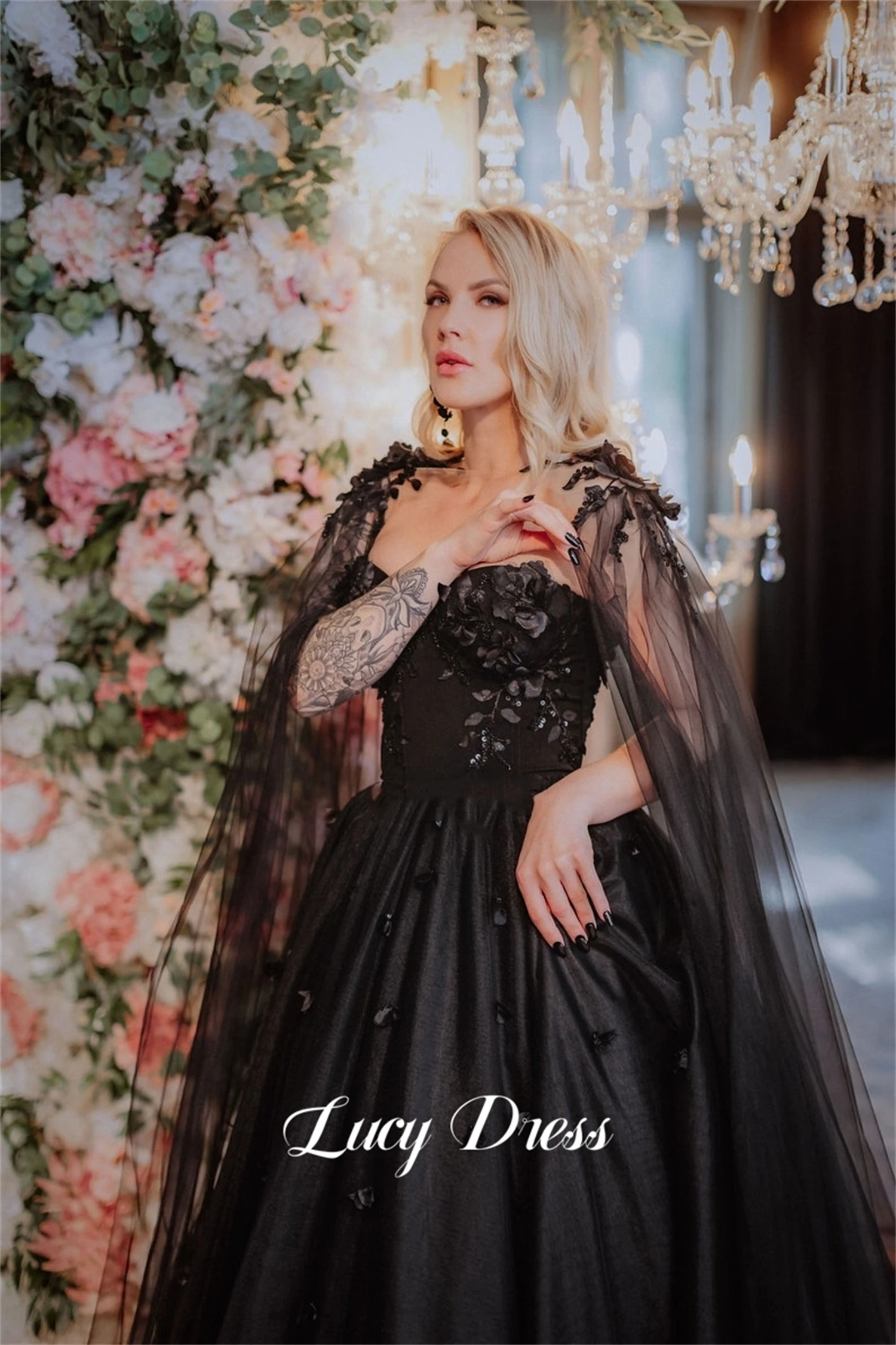 Lucy-vestido De novia negro con decoración De flores, lujosos vestidos De noche para mujer para bodas, bata De noche para mujer, fiesta personalizada