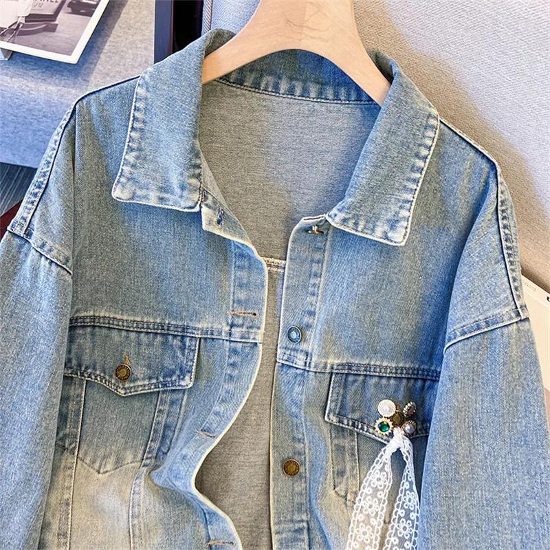레이스 레이스업 버튼 장식 연한 파란색 짧은 데님 재킷 루즈 라펠 싱글 브레스티드 긴 소매 가을 여성용 청재킷