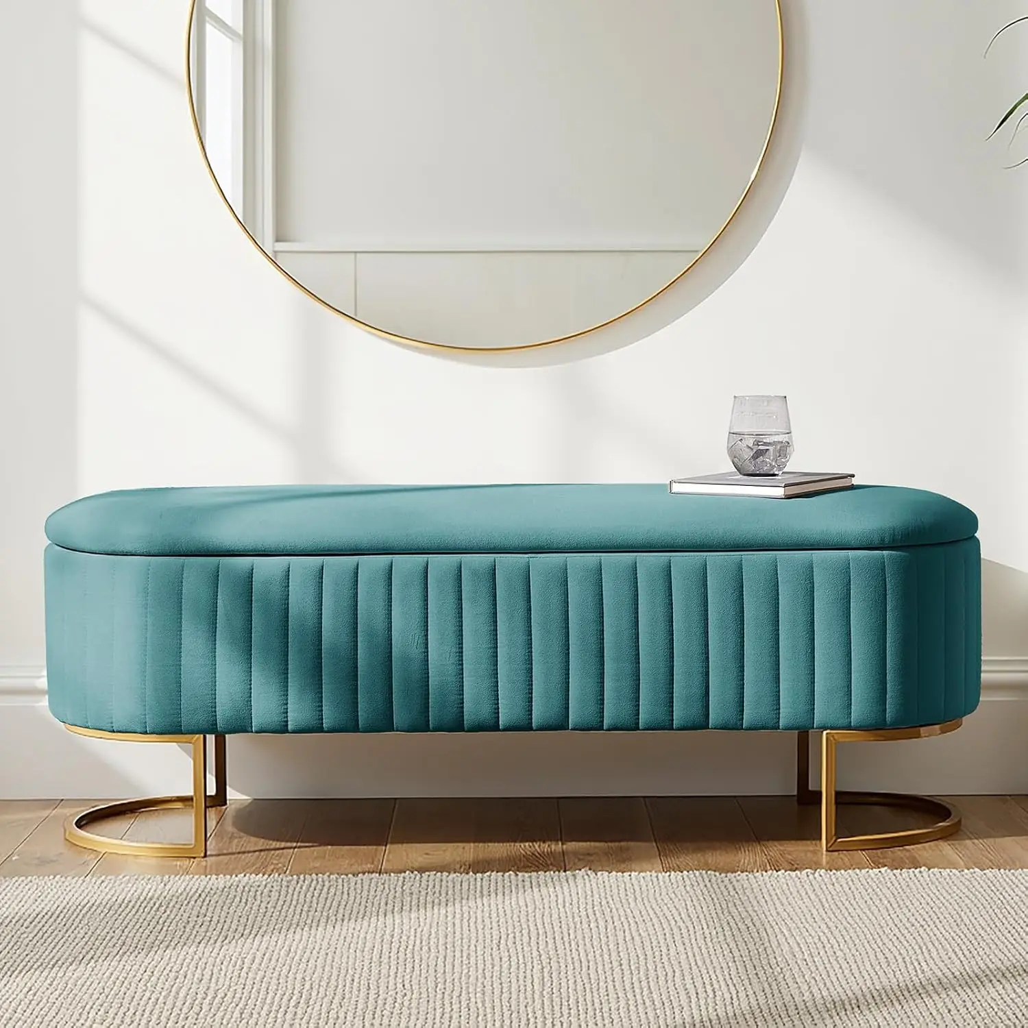 50,5-Zoll-Ottomane-Bank aus Samt mit Stauraum, goldfarbenen Beinen, luxuriös gepolstertes Ende des Bettes, multifunktionale Fußstütze und Sitz