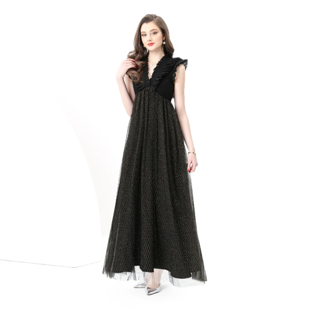 Women's Mesh Spliced Long Maxi Dress Elegant V Neck Sleeveless Retro Ruffle Mesh Shinny Long Dresses Robes Femme