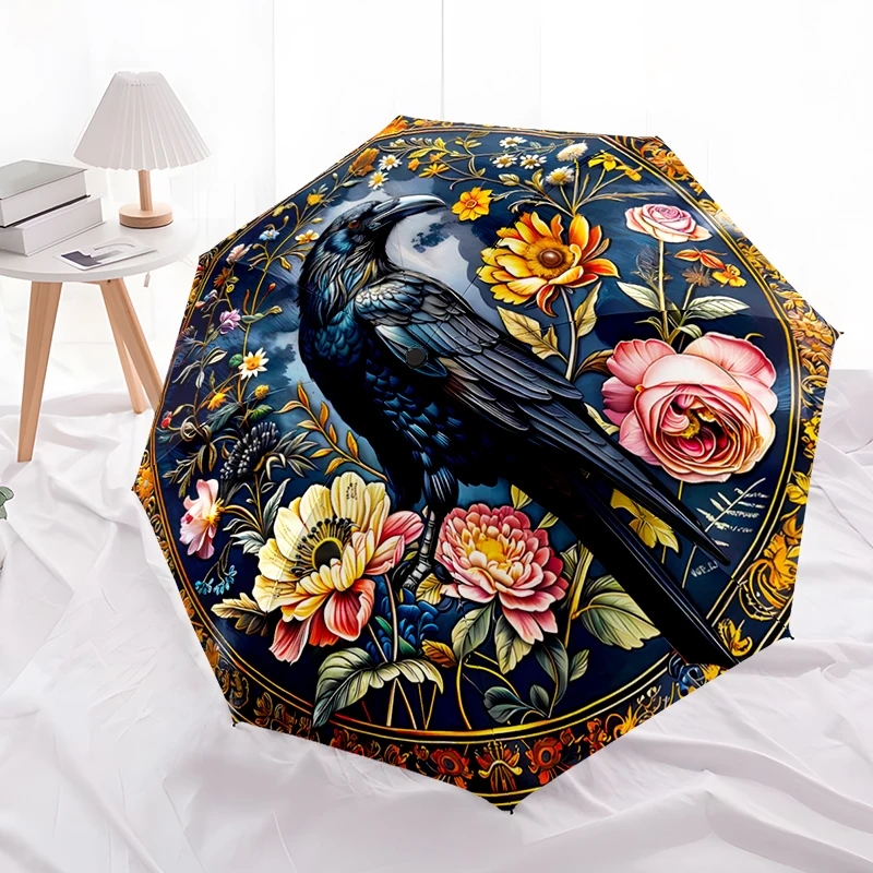 Crow Theme Design Folding Umbrella - Fashionable Auto-Open Design 8 Iron Ribs Plastic Handle Foldable Sunshade，Perfect Gifts