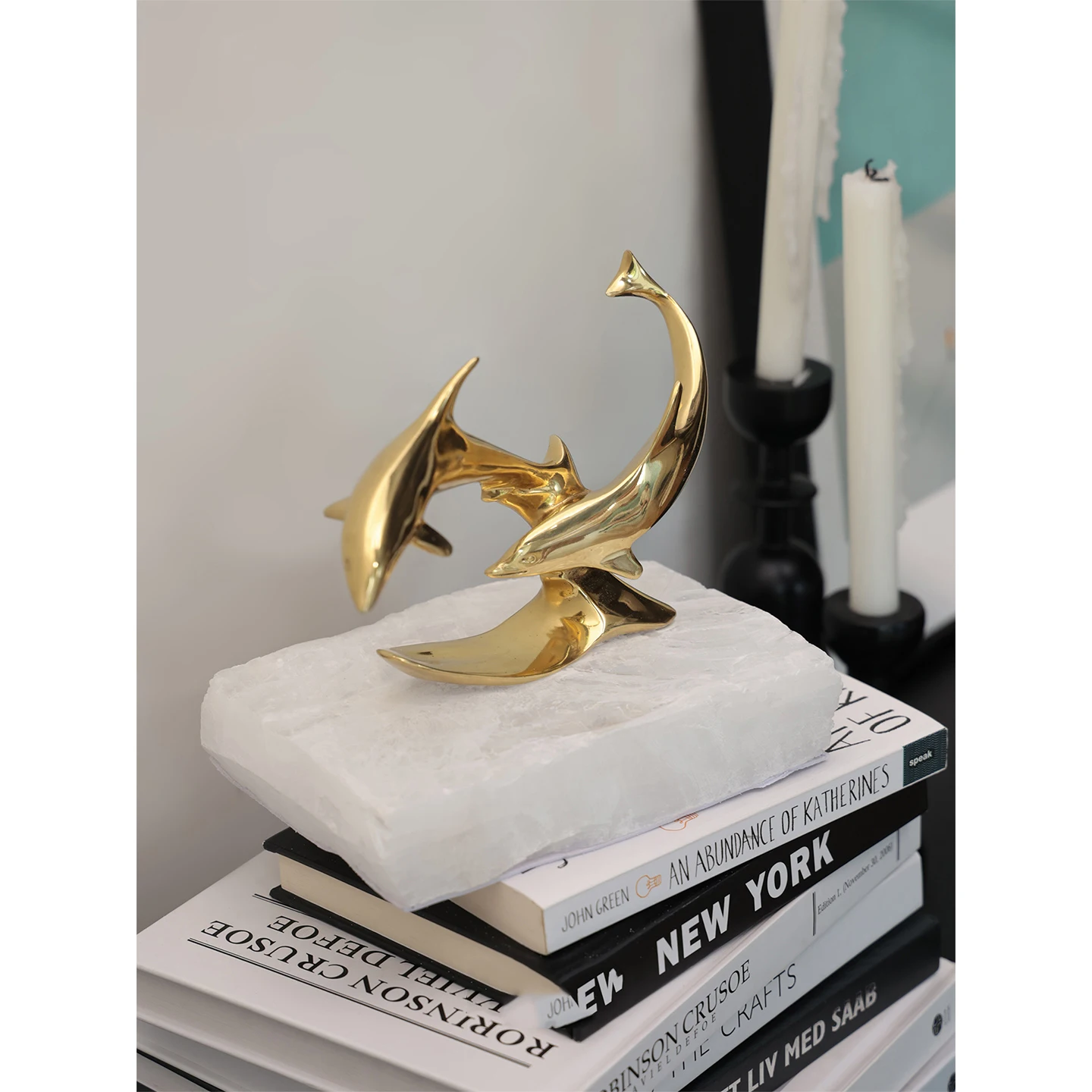 Two Dolphins Break The Waves Of Simple Modern Luxury Ornaments Living Room Entrance Desktop Pure Copper Gold Dolphin Crafts