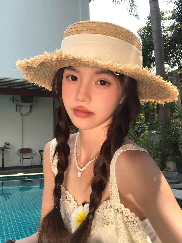 Summer Vacation Beach  Knot Flat Top Straw Hat Women's Large Brim Sunshade Hat Sun Protection Hat Casual Style