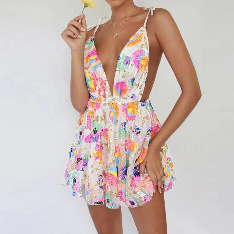 Vestido de fiesta estampado de lentejuelas con escote en V profundo para mujer, minivestido Sexy a la moda con espalda descubierta y cordones, novedad de 2025, vestido para vacaciones en la playa