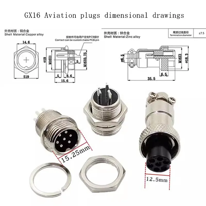 GX16 Aviation Plug and Socket 16mm GX16-2P/3P/4P/5P/6P/7P/8P/9P/10Pcore Mâle d\'accouplement et 600 connecteurs