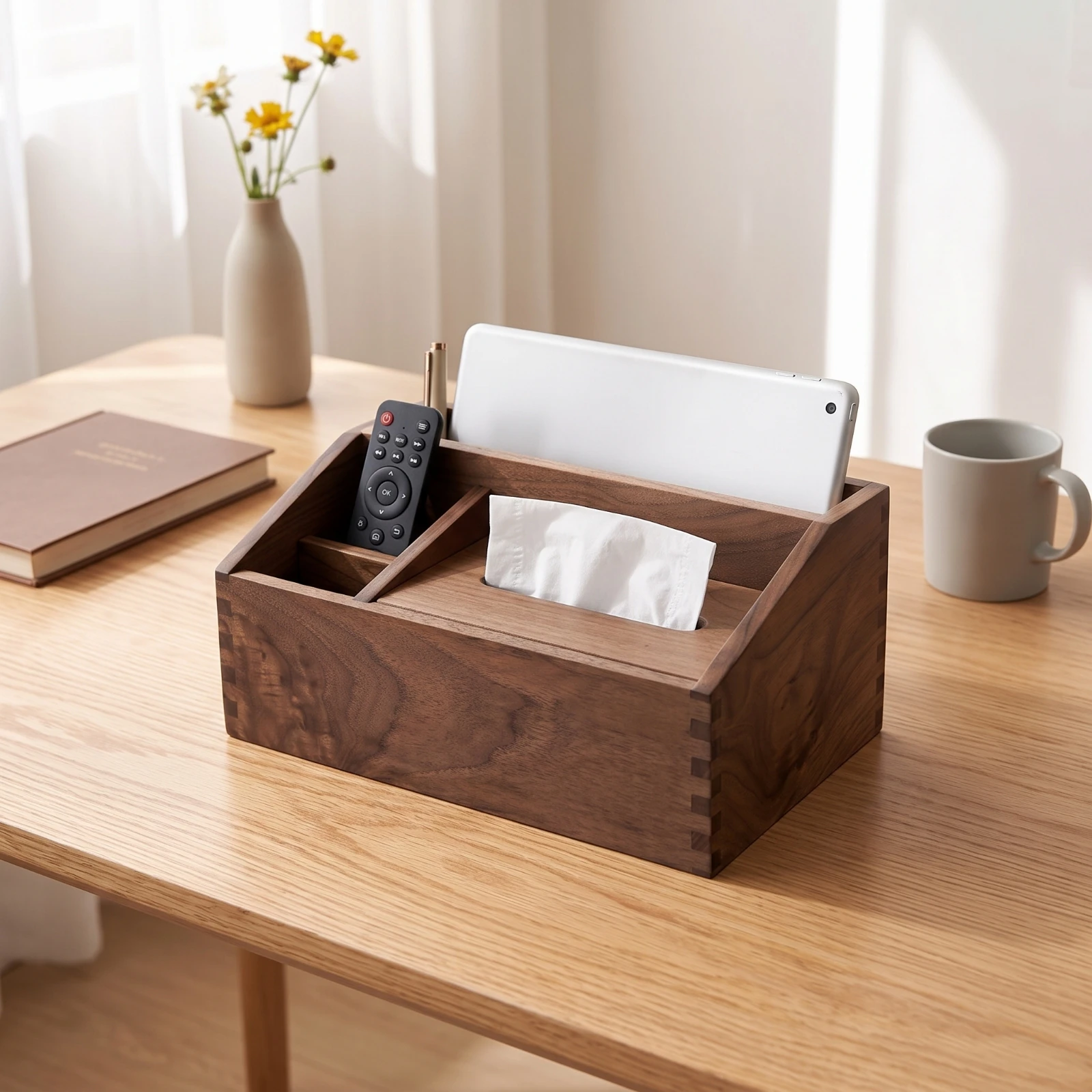 Wooden Tissue Box with Compartments Rustic Desk Organizer with Tissue Box Cover Handheld Device Control Holder Decorative