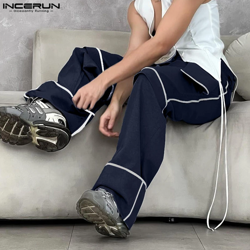 INCERUN Men Pants Patchwork Color-block Joggers Loose Button Casual Trousers Men Streetwear 2025 Fashion Male Long Pants S-5XL